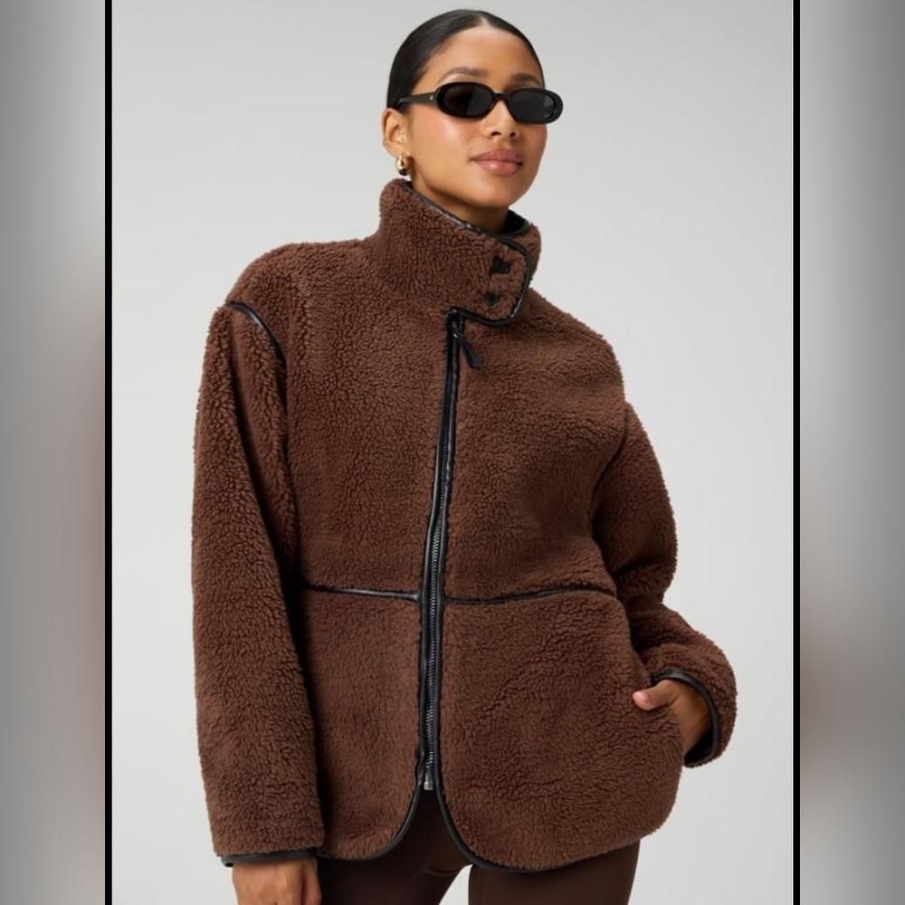 Fabletics Teddy Mid-Length Jacket - Hazelnut and Black